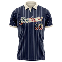 Laden Sie das Bild in den Galerie-Viewer, Custom Navy White Pinstripe Vintage USA Flag-Cream Patriotic Performance Polo Shirt
