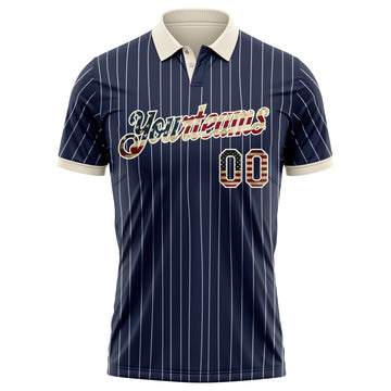 Custom Navy White Pinstripe Vintage USA Flag-Cream Patriotic Performance Polo Shirt