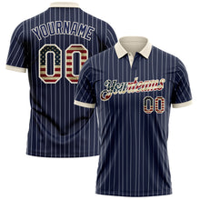 Laden Sie das Bild in den Galerie-Viewer, Custom Navy White Pinstripe Vintage USA Flag-Cream Patriotic Performance Polo Shirt

