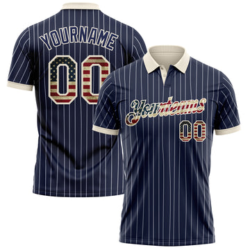 Custom Navy White Pinstripe Vintage USA Flag-Cream Patriotic Performance Polo Shirt