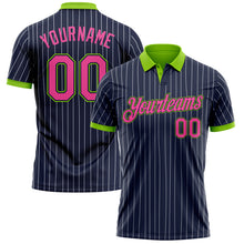 Load image into Gallery viewer, Custom Navy White Pinstripe Pink-Neon Green Performance Polo Shirt
