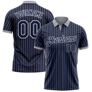 Custom Navy White Pinstripe-Gray Performance Polo Shirt