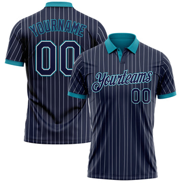 Custom Navy White Pinstripe-Teal Performance Polo Shirt