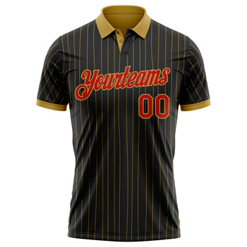 Custom Black Old Gold Pinstripe-Red Performance Polo Shirt