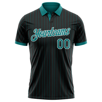 Custom Black Teal Pinstripe-White Performance Polo Shirt