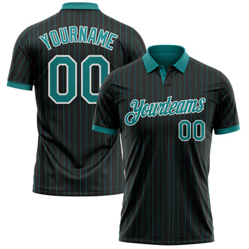 Custom Black Teal Pinstripe-White Performance Polo Shirt
