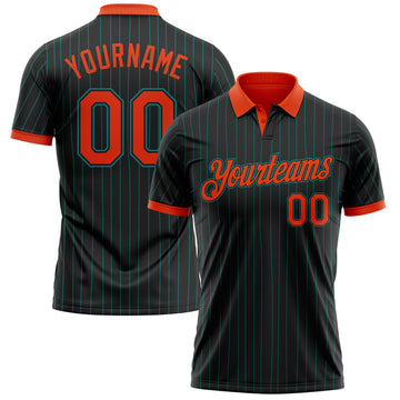 Custom Black Teal Pinstripe Orange-Teal Performance Polo Shirt