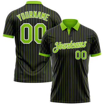 Custom Black Neon Green Pinstripe-White Performance Polo Shirt