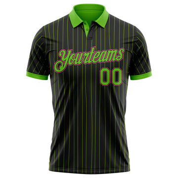 Custom Black Neon Green Pinstripe-Pink Performance Polo Shirt