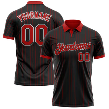 Custom Black Red Pinstripe-White Performance Polo Shirt