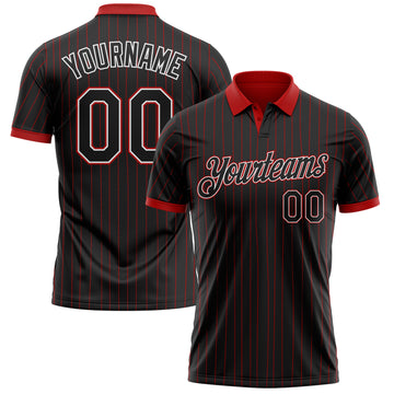 Custom Black Red Pinstripe-White Performance Polo Shirt