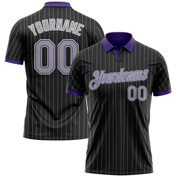 Custom Black Gray Pinstripe Purple-White Performance Polo Shirt