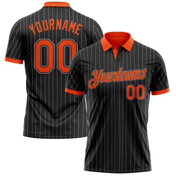 Custom Black Gray Pinstripe-Orange Performance Polo Shirt