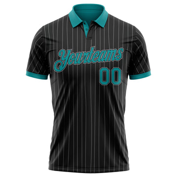 Custom Black Gray Pinstripe-Teal Performance Polo Shirt