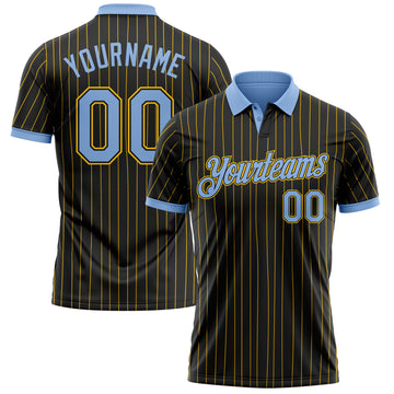 Custom Black Yellow Pinstripe-Light Blue Performance Polo Shirt
