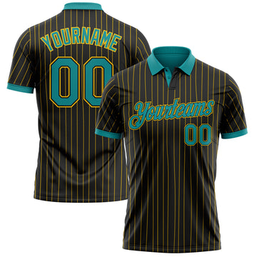 Custom Black Yellow Pinstripe-Teal Performance Polo Shirt