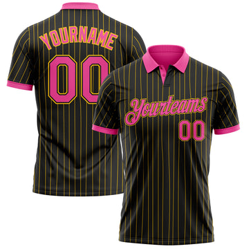 Custom Black Yellow Pinstripe-Pink Performance Polo Shirt