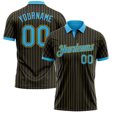 Custom Black Yellow Pinstripe-Sky Blue Performance Polo Shirt
