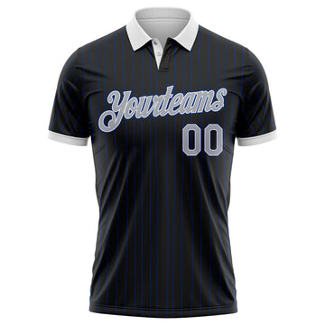 Custom Black Royal Pinstripe Gray-White Performance Polo Shirt