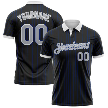 Custom Black Royal Pinstripe Gray-White Performance Polo Shirt