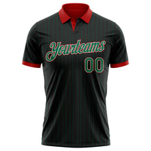 Load image into Gallery viewer, Custom Black Kelly Green Pinstripe White-Red Performance Polo Shirt

