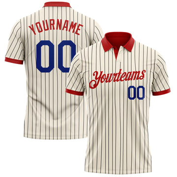 Custom Cream Black Pinstripe Royal-Red Performance Polo Shirt