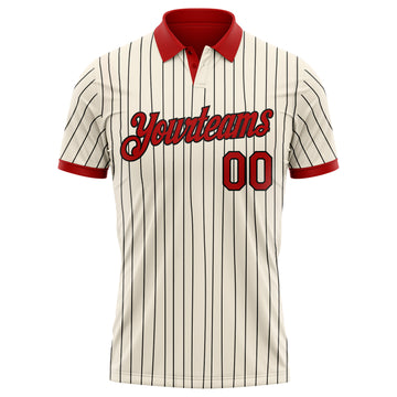 Custom Cream Black Pinstripe-Red Performance Polo Shirt