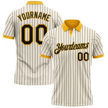 Custom Cream Black Pinstripe-Gold Performance Polo Shirt