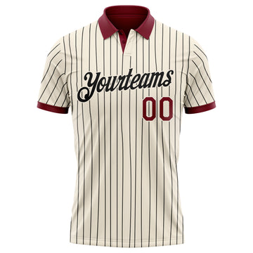 Custom Cream Black Pinstripe-Crimson Performance Polo Shirt