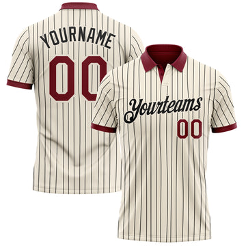 Custom Cream Black Pinstripe-Crimson Performance Polo Shirt