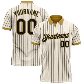 Custom Cream Black Pinstripe-Old Gold Performance Polo Shirt