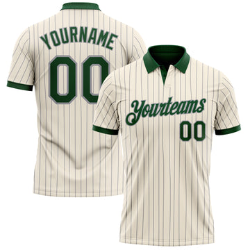 Custom Cream Gray Pinstripe-Green Performance Polo Shirt