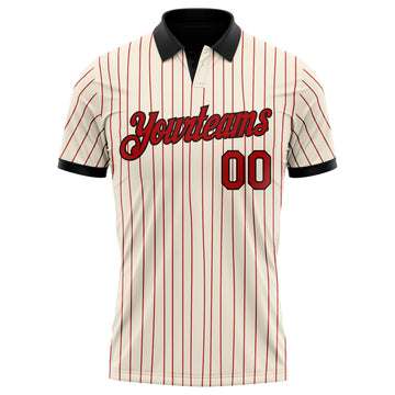 Custom Cream Red Pinstripe-Black Performance Polo Shirt
