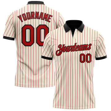 Custom Cream Red Pinstripe-Black Performance Polo Shirt
