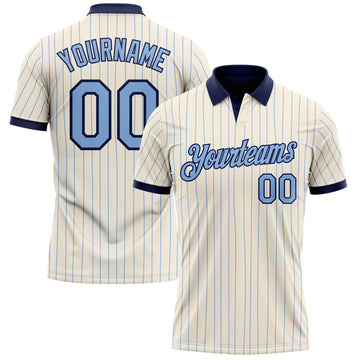 Custom Cream Light Blue Pinstripe-Navy Performance Polo Shirt