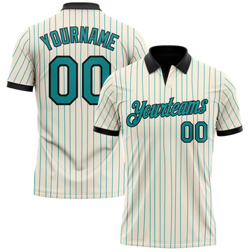 Custom Cream Teal Pinstripe-Black Performance Polo Shirt