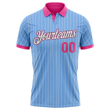 Laden Sie das Bild in den Galerie-Viewer, Custom Light Blue White Pinstripe Pink-Black Performance Polo Shirt
