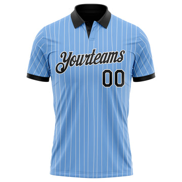 Custom Light Blue White Pinstripe-Black Performance Polo Shirt