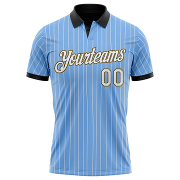 Custom Light Blue White Pinstripe Black-Old Gold Performance Polo Shirt