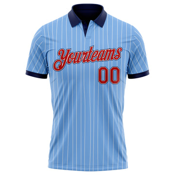 Custom Light Blue White Pinstripe Red-Navy Performance Polo Shirt