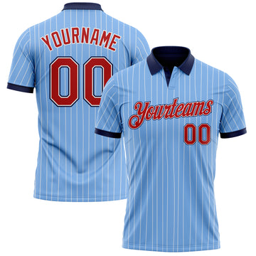 Custom Light Blue White Pinstripe Red-Navy Performance Polo Shirt