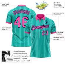 Load image into Gallery viewer, Custom Aqua White Pinstripe Pink-Navy Performance Polo Shirt

