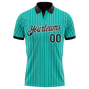 Custom Aqua White Pinstripe-Black Performance Polo Shirt