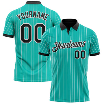 Custom Aqua White Pinstripe-Black Performance Polo Shirt