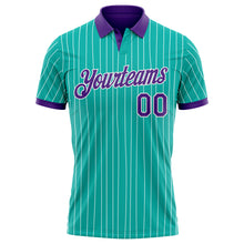 Laden Sie das Bild in den Galerie-Viewer, Custom Aqua White Pinstripe-Purple Performance Polo Shirt
