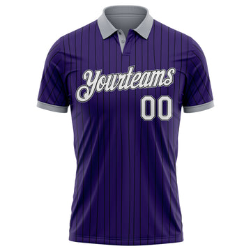 Custom Purple Black Pinstripe White-Gray Performance Polo Shirt