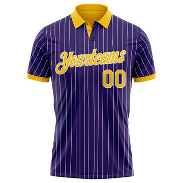 Custom Purple White Pinstripe-Yellow Performance Polo Shirt