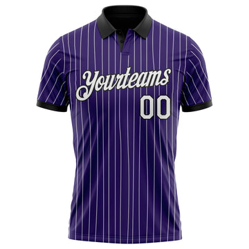 Custom Purple White Pinstripe-Black Performance Polo Shirt