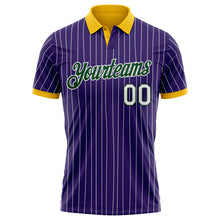 Load image into Gallery viewer, Custom Purple White Pinstripe Green-Yellow Performance Polo Shirt
