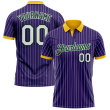 Load image into Gallery viewer, Custom Purple White Pinstripe Green-Yellow Performance Polo Shirt
